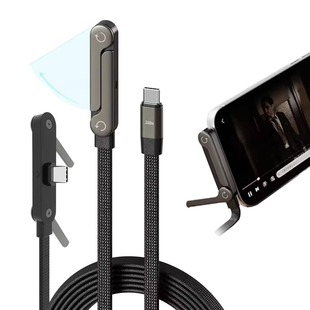 Câble USB-C 240W avec Support Téléscopique Intégré – Charge & Regarde en Même Temps